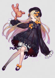 Rule 34 | 1girl, abigail williams (fate), azu-taro, bad id, bad pixiv id, black dress, black footwear, black hat, blonde hair, bloomers, blue eyes, bow, dress, fate/grand order, fate (series), footwear bow, frilled sleeves, frills, grey background, hair bow, hands in opposite sleeves, hat, lolita fashion, long hair, long sleeves, looking at viewer, mary janes, orange bow, parted bangs, parted lips, polka dot, polka dot bow, shoes, signature, simple background, solo, striped clothes, striped dress, stuffed animal, stuffed toy, teddy bear, too many bows, underwear, vertical-striped clothes, vertical-striped dress, white bloomers