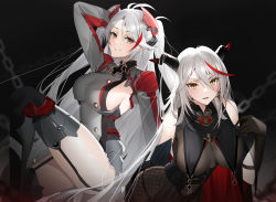Rule 34 | aegir (azur lane), antenna hair, arm up, armpits, azur lane, bodystocking, breast curtains, breasts, buttons, clothing cutout, cross, cross earrings, demon horns, double-breasted, earrings, garter straps, hair between eyes, hand on own chest, highres, horns, iron cross, jewelry, knee up, long hair, multicolored hair, orange eyes, prinz eugen (azur lane), raitho, red hair, side cutout, sideboob, sitting, streaked hair, thighhighs, two side up, white hair, yellow eyes