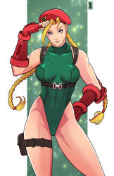 Rule 34 | 1girl, abs, antenna hair, beret, braid, breasts, cammy white, contrapposto, eyebrows, fingerless gloves, gloves, green leotard, hand on own hip, harness, hat, highleg, highleg leotard, highres, leotard, long hair, medium breasts, pouch, ram (ram80), red gloves, salute, scar, solo, standing, street fighter, street fighter v, thigh pouch, thighs, twin braids