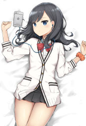 Rule 34 | 10s, 1girl, arm up, bad id, bad pixiv id, bed sheet, black hair, black skirt, blue eyes, blush, bow, cardigan, cellphone, closed mouth, collared shirt, commentary request, coraman, dutch angle, earbuds, earphones, gridman universe, hand up, highres, long hair, long sleeves, looking at viewer, lying, microskirt, on back, orange scrunchie, phone, pleated skirt, red bow, scrunchie, shirt, skirt, solo, ssss.gridman, takarada rikka, thigh gap, white cardigan, white shirt, wrist scrunchie