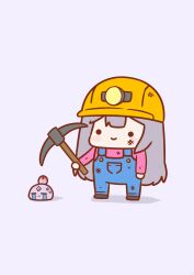 Rule 34 | 1girl, absurdres, alternate costume, black footwear, blue overalls, blush stickers, chibi, closed eyes, closed mouth, crying, dirty, dirty clothes, dirty face, full body, grey hair, hard hat, head bump, headlamp, helmet, highres, holding, holding pickaxe, hololive, hololive english, koseki bijou, lavender background, long sleeves, overalls, pebble (koseki bijou), phdpigeon, pickaxe, pink shirt, pocket, shadow, shirt, simple background, smile, solid circle eyes, solo, standing, streaming tears, tears, virtual youtuber, yellow headwear