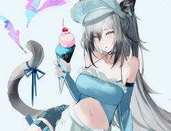 Rule 34 | 1girl, alternate costume, animal ears, arknights, blue background, blue choker, blue ribbon, blue shirt, breasts, cat ears, cat tail, choker, detached sleeves, food, grey hair, highres, holding, holding food, ice cream, long hair, medium breasts, navel, ribbon, sankichi (croquette crab), schwarz (arknights), shirt, smile, solo, tail, tail ornament, tail ribbon, tongue, upper body, very long hair, visor cap, yellow eyes