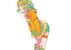 Rule 34 | 1girl, 8&#039;108, bent over, boots, breasts, cleavage, crop top, eyewear on head, facing away, feet out of frame, frilled hoodie, frilled straps, frills, green eyes, green hair, green hoodie, green shorts, gumi, hands in pockets, happy, hood, hood down, hoodie, knee boots, light smile, limited palette, looking afar, medium breasts, medium hair, messy hair, orange-tinted eyewear, orange hoodie, parted lips, partially unzipped, profile, shorts, sideways glance, simple background, solo, standing, thigh strap, tinted eyewear, two-tone hoodie, vocaloid, wavy hair, white-framed eyewear, white background, white footwear