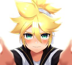 Rule 34 | 1boy, aqua eyes, bad id, bad twitter id, black collar, blonde hair, blush, collar, commentary, ei flow, english commentary, headphones, highres, kagamine len, male focus, reaching, reaching towards viewer, sailor collar, spiked hair, upper body, v-shaped eyebrows, vocaloid, white background