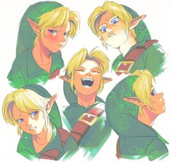 Rule 34 | 1boy, :d, blonde hair, blue eyes, blush, closed eyes, collarbone, cropped shoulders, crying, disgust, expressions, face, from below, green headwear, green shirt, laughing, light, link, looking at viewer, looking back, male focus, multiple views, nintendo, open mouth, pointy ears, shirt, smile, tears, teeth, the legend of zelda, the legend of zelda: ocarina of time, upper teeth only, uzucake, v-shaped eyebrows
