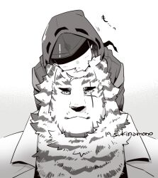 Rule 34 | 19 sukinamono, ambiguous gender, arknights, doctor (arknights), furry, furry male, furry with non-furry, greyscale, hood, hood up, hooded jacket, interspecies, jacket, looking at viewer, monochrome, mountain (arknights), scar, scar across eye, scar on face, tiger, tiger stripes