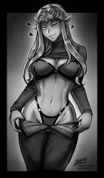 Rule 34 | 1girl, bra, breasts, clothes lift, contemporary, earrings, greyscale, heart, highres, iahfy, jewelry, long hair, monochrome, nintendo, one eye closed, pants, pointy ears, princess zelda, shirt, shirt lift, the legend of zelda, thong, tiara, unbuttoned pants, underwear, wink