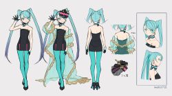 Rule 34 | 1girl, alternate costume, aqua eyes, aqua hair, aqua pantyhose, artist name, back, bare shoulders, black dress, black footwear, black gloves, blue hair, body writing, bow, breasts, buttons, choker, closed mouth, collarbone, comb, concept art, crossed legs, double-breasted, dress, earrings, flower, from side, full body, gloves, gradient hair, grey background, hair between eyes, hair bow, hair flower, hair ornament, hatsune miku, head tilt, high heels, highres, iwato1712, jewelry, long hair, looking at viewer, multicolored hair, multiple views, off-shoulder dress, off shoulder, pantyhose, profile, see-through, short dress, simple background, sleeveless, sleeveless dress, small breasts, smile, standing, swept bangs, twintails, two-tone hair, vocaloid, waving