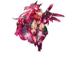 Rule 34 | 1girl, armor, blush, breasts, broken armor, claws, cleavage, cleavage cutout, clothing cutout, feet, female focus, full body, game cg, groin, hand up, headgear, high ponytail, huge breasts, knees apart feet together, legs, long hair, looking at viewer, melon22, original, parted lips, pink eyes, pink hair, ponytail, solo, standing, thick thighs, thighs, torn clothes, transparent background