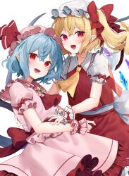 Rule 34 | 2girls, :d, ascot, blonde hair, blue hair, bow, collared shirt, commentary request, crystal, fang, flandre scarlet, frilled shirt collar, frilled skirt, frills, hat, hat bow, highres, long hair, looking at viewer, mob cap, multiple girls, open mouth, pink shirt, pink skirt, pointy ears, puffy short sleeves, puffy sleeves, red ascot, red eyes, red ribbon, red skirt, red vest, remilia scarlet, ribbon, shirt, short hair, short sleeves, siblings, sisters, skirt, smile, touhou, usushio, vest, white shirt, wings, wrist cuffs, yellow ascot
