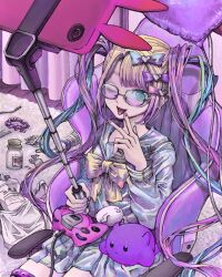 Rule 34 | 1girl, ;d, bag, blonde hair, blue bow, blue eyes, blue hair, bottle, bow, bowtie, cellphone, chair, chouzetsusaikawa tenshi-chan, controller, curtains, dreamcast controller, fingernails, game controller, gaming chair, glasses, hair bow, hair intakes, hand up, heart, highres, holding, homoo..., indoors, konnyakutarooou, light blue hair, long hair, miniskirt, multicolored hair, multiple hair bows, nail polish, needy girl overdose, one eye closed, open mouth, phone, pill, pill bottle, pink-tinted eyewear, pink bow, pink hair, pink nails, plastic bag, pleated skirt, purple bow, rug, sailor collar, school uniform, selfie stick, serafuku, shirt, sitting, skirt, smartphone, smartphone case, smile, swivel chair, teeth, tinted eyewear, tongue, tongue out, twintails, upper teeth only, very long hair, water bottle, white sailor collar, white serafuku, white shirt, white skirt, yellow bow, yellow bowtie