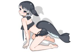 Rule 34 | 1girl, alternate costume, bare arms, bare legs, bare shoulders, barefoot, bikini, black bikini, black hair, blowhole, blue eyes, blush, bow, cetacean tail, commentary request, dolphin girl, fins, fish tail, frilled bikini, frills, grey hair, grey one-piece swimsuit, hair bow, highres, illu (illu stratos), kemono friends, kneeling, multicolored hair, narwhal (kemono friends), one-piece swimsuit, short hair with long locks, sidelocks, solo, swimsuit, tail, two-tone hair, wavy mouth