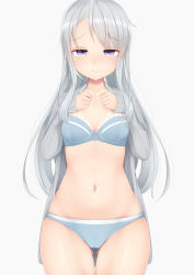 Rule 34 | 1girl, bad id, bad pixiv id, belly, bra, breasts, collarbone, embarrassed, gluteal fold, kantai collection, long hair, looking at viewer, ne an ito, panties, purple eyes, sagiri (kancolle), silver hair, simple background, small breasts, solo, sweater vest, underwear, white background