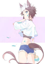 Rule 34 | 1girl, animal ears, arm at side, blue eyes, blue shorts, brown hair, choker, cowboy shot, crop top, cutoffs, fishnet top, fishnets, holding, holding paintbrush, horse ears, horse girl, horse tail, looking at viewer, looking back, mejiro ryan (umamusume), micro shorts, midriff, multicolored hair, paint on body, paint splatter, paint splatter on face, paintbrush, shirt, short hair, shorts, solo, standing, t-okada, tail, two-tone hair, umamusume, white hair, white shirt, wiping face