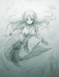 Rule 34 | 1girl, armlet, bad id, bad pixiv id, bracelet, breasts, circlet, completely nude, fins, fish, floating hair, head fins, highres, jewelry, large breasts, long hair, mermaid, monochrome, monster girl, navel, necklace, nipples, nude, nudist, original, scales, sketch, solo, swimming, tafuto, underwater, zenra