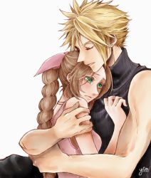 Rule 34 | 1boy, 1girl, aerith gainsborough, hug, bare arms, blonde hair, braid, brown hair, closed eyes, cloud strife, couple, crying, dress, earrings, final fantasy, final fantasy vii, final fantasy vii remake, green eyes, hair ribbon, hand on another&#039;s chest, hetero, highres, jewelry, necklace, parted bangs, parted lips, pink dress, pink ribbon, ribbon, single earring, sleeveless, sleeveless turtleneck, spiked hair, tears, turtleneck, upper body, white background, yco 030601