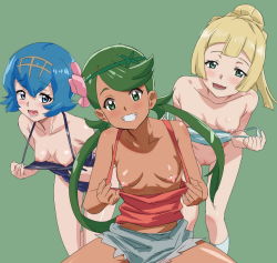 Rule 34 | 3girls, bare arms, blonde hair, blue eyes, blue hair, blush, bottomless, breasts, clothes lift, clothes pull, collarbone, creatures (company), downblouse, dress, dress lift, female focus, flashing, flower, game freak, green hair, grin, hair flower, hair ornament, lana (pokemon), lillie (pokemon), long hair, looking at viewer, mallow (pokemon), multiple girls, nintendo, nipples, no bra, one-piece swimsuit, one-piece swimsuit pull, ontaros, pokemon, pokemon (anime), pokemon sm, pokemon sm (anime), shiny skin, shirt, shorts, simple background, small breasts, smile, standing, swept bangs, swimsuit, teeth, white dress