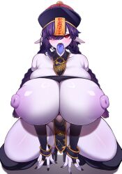 Rule 34 | 1girl, 5danny1206, black hat, black nails, black thighhighs, blue tongue, braid, breasts, colored skin, colored tongue, commentary, curvy, full body, gigantic breasts, grey skin, hat, highres, jiangshi, long hair, looking at viewer, nipples, open mouth, original, pelvic curtain, pointy ears, purple hair, qingdai guanmao, red eyes, simple background, skindentation, solo, squatting, symbol-only commentary, thighhighs, tongue, tongue out, twin braids, variant set, white background