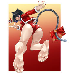 Rule 34 | 1girl, :d, animal ears, ass, bare legs, barefoot, bell, black hair, blue eyes, blush, border, bow, box, cat ears, cat girl, cat tail, christmas, eiji (eiji), feet, fingernails, floating, foot focus, foreshortening, from behind, full body, fur-trimmed jacket, fur trim, gift, gift box, gradient background, highres, jacket, jingle bell, legs, leotard, long sleeves, looking at viewer, looking back, nail polish, open mouth, original, outside border, panties, red background, red bow, red jacket, red leotard, red nails, red panties, ribbon, short hair, smile, soles, solo, tail, tail bell, tail bow, tail ornament, tail ribbon, toenail polish, toenails, toes, underwear, white border, yellow background