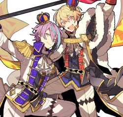 Rule 34 | 2boys, :d, aiguillette, arm up, ascot, black cape, blonde hair, blue hair, cape, closed mouth, collared jacket, crown, epaulettes, flag, fur-trimmed cape, fur trim, holding, holding flag, hoshi-toge, jacket, kamishiro rui, long sleeves, looking at viewer, male focus, multicolored hair, multiple boys, open mouth, pants, project sekai, purple hair, smile, streaked hair, tenma tsukasa, white ascot, white jacket, white pants, wonder magical showtime! (project sekai), yellow eyes