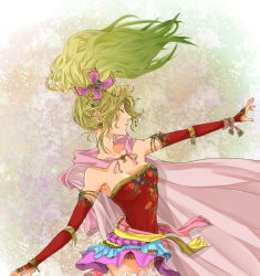 Rule 34 | 1990s (style), 1girl, bow, cape, chiririzumu, choker, detached sleeves, earrings, elbow gloves, final fantasy, final fantasy vi, gloves, green hair, hair ribbon, jewelry, long hair, pantyhose, ponytail, ribbon, solo, tina branford
