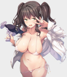 Rule 34 | 1girl, :d, bikini, breasts, brown hair, cleavage, gun, hair between eyes, hair ribbon, holding, holding gun, holding weapon, large breasts, long sleeves, looking to the side, micro bikini, navel, off shoulder, open mouth, original, ribbon, shimakaze (soundz of bell), shirt, sidelocks, smile, stomach, swimsuit, thighs, twintails, w, weapon, white bikini, white shirt