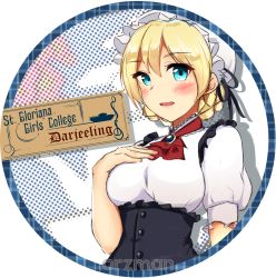 Rule 34 | 1girl, ascot, black dress, blonde hair, blue eyes, braid, brooch, character name, circle name, commentary, darjeeling (girls und panzer), dress, english text, formal, girls und panzer, hair ribbon, hand on own chest, hat, highres, jewelry, kowaremashita, looking at viewer, mob cap, open mouth, puffy short sleeves, puffy sleeves, red ascot, ribbon, shirt, short hair, short sleeves, smile, solo, upper body, white hat, white shirt