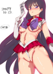 Rule 34 | 1girl, adapted costume, between fingers, bishoujo senshi sailor moon, black hair, blush, bow, breasts, choker, closed mouth, commentary request, dated, elbow gloves, from below, frontal wedgie, frown, gloves, groin, hand up, hino rei, holding, long hair, looking at viewer, magical girl, medium breasts, microskirt, nipples, no bra, nose blush, nyuu (manekin-eko), ofuda, ofuda between fingers, purple bow, purple eyes, pussy, red neckwear, red sailor collar, red skirt, revealing clothes, ribs, sailor collar, sailor mars, shiny skin, signature, simple background, skirt, solo, standing, star (symbol), stomach, sweatdrop, thighs, very long hair, wedgie, white background, white gloves