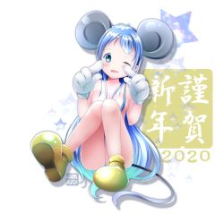 Rule 34 | 1girl, 2020, animal ears, blue eyes, blue hair, blush, breasts, chinese zodiac, full body, gradient hair, highres, kantai collection, kemonomimi mode, long hair, looking at viewer, mouse ears, mouse girl, mouse tail, multicolored hair, nude, one eye closed, open mouth, samidare (kancolle), sitting, small breasts, smile, solo, star (symbol), starry background, tail, very long hair, yamaneko suzume, year of the rat