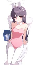 Rule 34 | 1girl, absurdres, ahoge, alternate costume, animal ears, bare arms, bare shoulders, black hair, blue archive, blush, breasts, cleavage, closed mouth, covered navel, detached collar, groin, halo, highres, leotard, long hair, looking at viewer, medium breasts, miyu (blue archive), pantyhose, pink leotard, playboy bunny, pn (wnsl216), rabbit ears, red eyes, sitting, small breasts, smile, solo, strapless, strapless leotard, sweatdrop, toilet, trash can, very long hair, white pantyhose