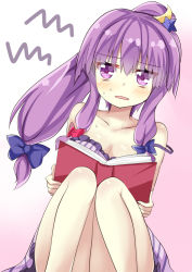 Rule 34 | 1girl, alternate hairstyle, annoyed, bare shoulders, blue bow, blush, book, bow, breasts, cleavage, collarbone, crescent, crescent hair ornament, dress, hair bow, hair ornament, hair ribbon, holding, holding book, keyaki chimaki, knees together feet apart, long hair, looking at viewer, looking away, open book, open mouth, parted lips, patchouli knowledge, ponytail, purple eyes, purple hair, red bow, ribbon, sidelocks, sitting, solo, star (symbol), star hair ornament, strap slip, striped clothes, striped dress, sweat, touhou, vertical-striped clothes, vertical-striped dress