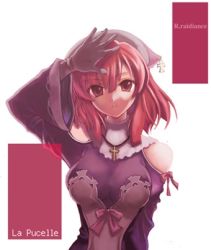 Rule 34 | 1girl, arm up, breasts, copyright name, cross, cross necklace, hat, jewelry, la pucelle, large breasts, long sleeves, looking at viewer, lowres, necklace, nippon ichi, prier, red eyes, red hair, solo, upper body