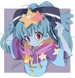 Rule 34 | 10s, 1girl, black ribbon, blue hair, blue skin, closed mouth, collarbone, colored skin, commentary, fanta (the banana pistols), female focus, hair ornament, hair ribbon, highres, hood, hoodie, hoshikawa lily, long hair, looking at viewer, red eyes, ribbon, signature, smile, solo, star (symbol), star hair ornament, twintails, zombie, zombie land saga