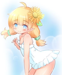 Rule 34 | 1girl, ahoge, bare arms, bare shoulders, blonde hair, blue eyes, blush, breasts, character request, cleavage, closed mouth, dress, elf, flower, green scrunchie, hair flower, hair ornament, hair scrunchie, highres, iris mysteria!, leaning forward, long hair, low twintails, pointy ears, scrunchie, sleeveless, sleeveless dress, small breasts, smile, solo, sundress, sunflower, sunflower hair ornament, twintails, white dress, yellow flower, yuu (yumezakura)