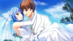 Rule 34 | 1boy, 1girl, :d, ahoge, blue hair, blue sky, breasts, brown eyes, brown hair, carrying, closed mouth, cloud, couple, day, dress, dress shirt, elbow gloves, eye contact, flower, game cg, gloves, grey vest, hair flower, hair ornament, highres, hino ryousuke, hoshi ori yume mirai, husband and wife, jacket, koizumi amane, long dress, looking at another, medium hair, official art, open mouth, ousaka sora, outdoors, palm tree, princess carry, shirt, short hair, sky, sleeveless, sleeveless dress, small breasts, smile, strapless, strapless dress, sunlight, tree, vest, wedding dress, white dress, white flower, white gloves, white jacket, white shirt