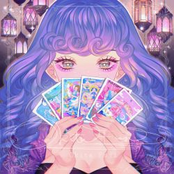 Rule 34 | 1girl, black shirt, blue hair, border, breasts, card, cleavage, covering own mouth, curly hair, eyelashes, eyeshadow, freckles, gradient hair, highres, holding, holding card, lantern, large breasts, makeup, multicolored eyes, multicolored hair, nail polish, okitafuji, original, page of cups (tarot), pink eyeshadow, pink nails, purple hair, purple sleeves, ringlets, shirt, solo, sparkle, tarot