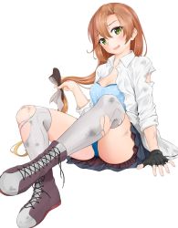 Rule 34 | 1girl, akigumo (kancolle), akigumo kai ni (kancolle), blue bra, blue camisole, blue panties, boots, bra, breasts, brown hair, camisole, cleavage, commentary request, cross-laced footwear, dress shirt, green eyes, grey skirt, grey thighhighs, hair down, hair ribbon, highres, kantai collection, lace-up boots, long hair, long sleeves, looking at viewer, medium breasts, mole, mole under eye, panties, ribbon, school uniform, shirt, simple background, sitting, skirt, solo, thighhighs, torn clothes, umino haruka (harukaumino6), underwear, white background, white shirt