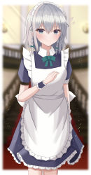 Rule 34 | 1girl, absurdres, aohane, apron, back bow, bad id, bad twitter id, blue dress, blue eyes, blurry, blurry background, blush, border, bow, bowtie, braid, breasts, carpet, closed mouth, collared dress, commentary request, door, dress, eyes visible through hair, flying sweatdrops, frills, green bow, green bowtie, grey hair, hair between eyes, hair bow, hand up, highres, indoors, izayoi sakuya, lamp, looking to the side, maid, maid headdress, medium breasts, nervous, outside border, puffy short sleeves, puffy sleeves, short hair, short sleeves, solo, stairs, standing, sweat, sweatdrop, touhou, twin braids, wall, white apron, white border, white bow, wrist cuffs