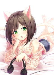 Rule 34 | 10s, 1girl, animal ears, bare shoulders, barefoot, blush, breasts, brown hair, cat ears, cat tail, cleavage, fang, green eyes, hasumi (hasubatake39), headphones, headphones removed, highres, idolmaster, idolmaster cinderella girls, legs up, looking at viewer, lying, maekawa miku, medium breasts, on stomach, open mouth, short hair, smile, solo, tail, the pose