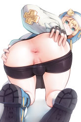Rule 34 | 1boy, all fours, androgyne symbol, anus, ass, ass focus, bent over, bike shorts, black gloves, black shorts, blonde hair, blue eyes, blue jacket, bridget (guilty gear), bulge, clothes pull, commentary, fingerless gloves, from behind, gloves, guilty gear, guilty gear strive, hair between eyes, hands on own ass, highres, ass, hood, hood up, hooded jacket, jacket, long sleeves, looking at viewer, looking back, male focus, merrytail, shoes, shorts, shorts pull, simple background, solo, spread anus, symbol-only commentary, trap, white background, white sleeves