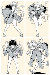 Rule 34 | 1boy, 1girl, carrying, commander (nikke), goddess of victory: nikke, grabbing, greyscale, highres, long hair, monochrome, mugencats, multiple views, one-piece swimsuit, princess carry, rapi (classic vacation) (nikke), rapi (nikke), swimsuit