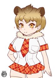Rule 34 | 1girl, alternate hair length, alternate hairstyle, animal ears, blonde hair, blouse, blush, breasts, dated, fur collar, kemono friends, large breasts, lion (kemono friends), lion ears, necktie, shirt, short hair, signature, skindentation, smile, solo, sparkle, standing, taikyokuturugi, thighhighs