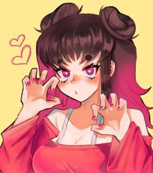 Rule 34 | 1girl, :o, bare shoulders, braid, braided bangs, breasts, brown hair, claw pose, collarbone, double bun, eyelashes, eyeshadow, hair bun, heart, heart in eye, jouken1douji, large breasts, long hair, long sleeves, looking at viewer, makeup, multicolored hair, nail polish, original, parted lips, pink eyes, pink hair, pink nails, red shirt, shiny skin, shirt, short eyebrows, simple background, solo, symbol in eye, upper body, yellow background
