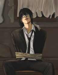 Rule 34 | 1boy, artist name, bandages, black hair, black jacket, black pants, blindfold, bound, bound arms, chainsaw man, collared shirt, cropped legs, curtains, earrings, einruji, formal, hair between eyes, hayakawa aki, highres, hostage, jacket, jewelry, male focus, medium hair, open mouth, pants, shirt, sitting, smirk, solo, spread legs, stud earrings, suit, teeth, tied up (nonsexual), upper teeth only, white blindfold, white shirt