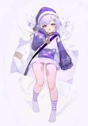 Rule 34 | &gt; &lt;, 1girl, absurdres, bed sheet, casual, cat, eiroyi, full body, genshin impact, half-closed eyes, hat, highres, hood, hoodie, legs, long sleeves, looking at viewer, lying, on back, open mouth, pillow, purple eyes, purple hair, qiqi (genshin impact), sleepy, sleeves past wrists, socks, solo, striped clothes, striped socks, talisman, zzz
