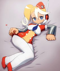 Rule 34 | 1girl, blonde hair, blue eyes, breasts, call (mighty no. 9), call e, dress, garrison cap, hat, headset, highres, jadf, looking at viewer, mighty no. 9, multicolored hair, necktie, pantyhose, short dress, side ponytail, smile, solo, two-tone hair, uniform, white hair