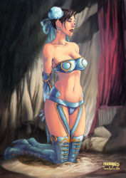 Rule 34 | 1girl, adapted costume, arms behind back, bandeau, bare shoulders, blue bra, blue panties, boots, bra, breasts, brown hair, bun cover, capcom, chun-li, cleavage, cross-laced footwear, double bun, earrings, elbow gloves, gloves, half-closed eyes, high heel boots, high heels, highres, jewelry, kneeling, lace-up boots, lips, lipstick, makeup, midriff, navel, panties, paulo barrios, short hair, solo, strapless, street fighter, thigh boots, thighhighs, tube top, underwear
