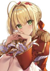 Rule 34 | 1girl, ahoge, blonde hair, blush, braid, breasts, closed mouth, dress, epaulettes, fate/extra, fate/grand order, fate (series), french braid, gambe, green eyes, hair between eyes, hair bun, hair intakes, hair ribbon, highres, knees up, large breasts, long hair, long sleeves, looking at viewer, nero claudius (fate), nero claudius (fate) (all), nero claudius (fate/extra), petals, red dress, red ribbon, ribbon, simple background, single hair bun, sitting, smile, solo, white background
