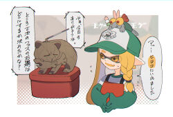 Rule 34 | 1girl, baseball cap, border, braid, braided sidelock, commentary request, dango, fang, food, gloves, green gloves, hat, highres, holding, holding stick, inkling, inkling girl, inkling player character, long hair, mr. grizz (splatoon), nintendo, okaranko, open mouth, outside border, own hands together, pointy ears, print headwear, rubber gloves, salmon run (splatoon), single braid, skin fang, smallfry (splatoon), smile, speech bubble, splatoon (series), splatoon 3, stick, sweat, tentacle hair, translation request, wagashi, white border, yellow eyes