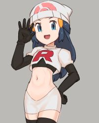 Rule 34 | 00s, 1girl, :d, black gloves, black thighhighs, blue eyes, blue hair, breasts, cosplay, cowboy shot, creatures (company), crop top, curvy, dawn (pokemon), elbow gloves, forest, game freak, gloves, grey background, hair ornament, hairclip, hat, jessie (pokemon), jessie (pokemon) (cosplay), long hair, looking at viewer, midriff, miniskirt, nature, navel, nintendo, nyonn24, open mouth, pencil skirt, poke ball print, pokemon, pokemon (anime), pokemon dppt, pokemon dppt (anime), print headwear, salute, shiny skin, simple background, skirt, small breasts, smile, solo, standing, stomach, team rocket, team rocket grunt (cosplay), team rocket uniform, thighhighs, white hat, white skirt, zettai ryouiki